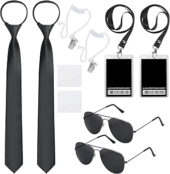 Agent Costume Accessory Set, Secret Security Guard Costume with Black Sunglasses Zipper Ties Spy Earpiece and ID Card