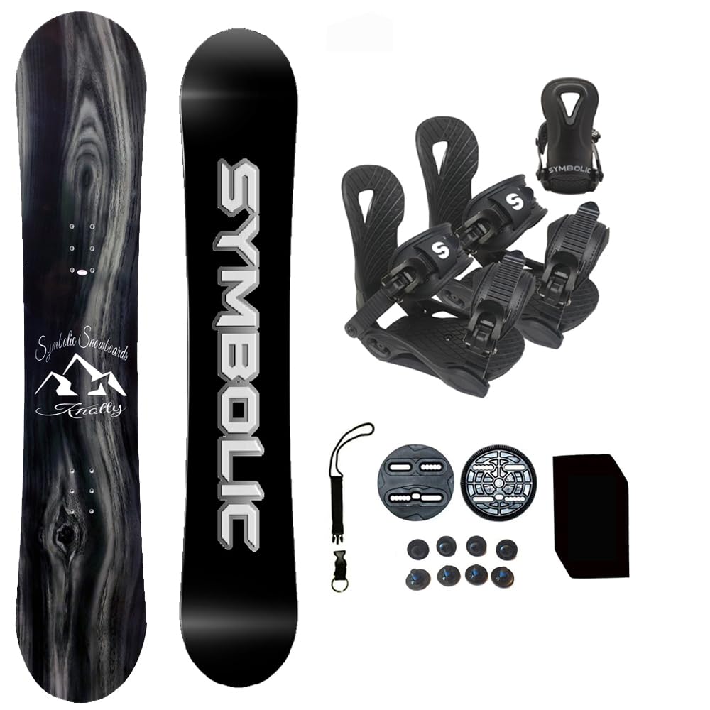 Symbolic Knotty Wood Grain Kids Snowboard & Bindings & Leash & Stomp Pad Package Set (Binding Black XXXS (fit 9-11c Toddler), 90cm Snowboard Knotty)