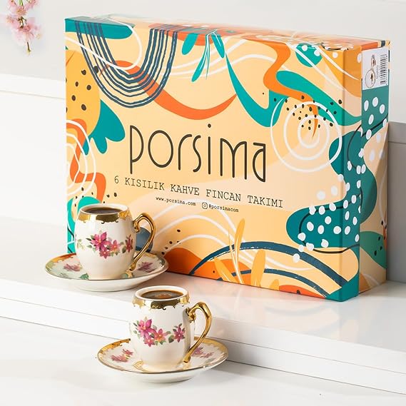 Porsima 3189 Aurora 12 Parça Yaldızlı Porselen Türk Kahve Fincan Takımı