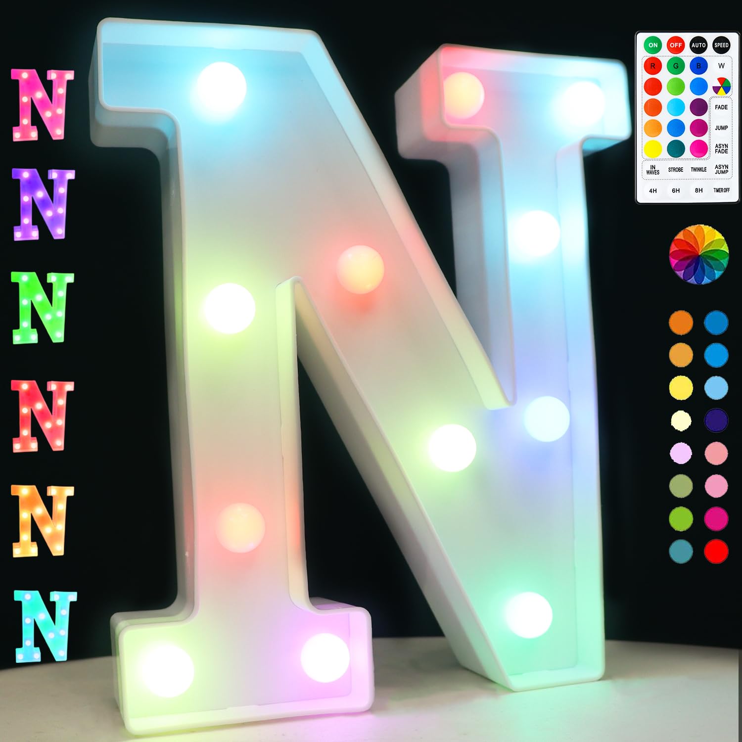 Light Up Colorful LED Marquee Letter lights, 18 Colors Changing Alphabet Letters Sign with Remote Timer for Night Light Girls Bedroom Wedding Birthday Party Lamp Christmas Home Bar Decor- Colorful N