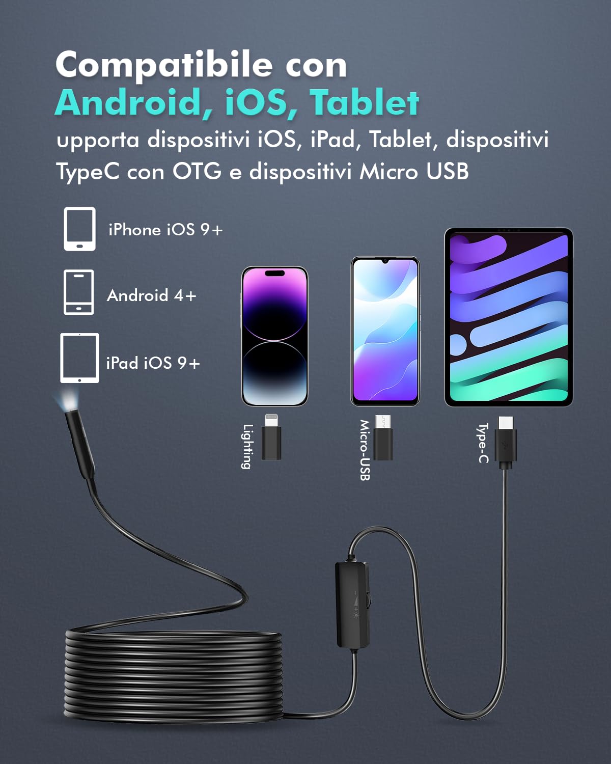 1920P HD Endoscopio Per Ispezione Serpente, Endoscopio per Smartphone con 8 LED, Sonda Telecamera Impermeabile Semirigido, Funziona con Smartphone Android e iOS, iPad (16,5FT/5M)