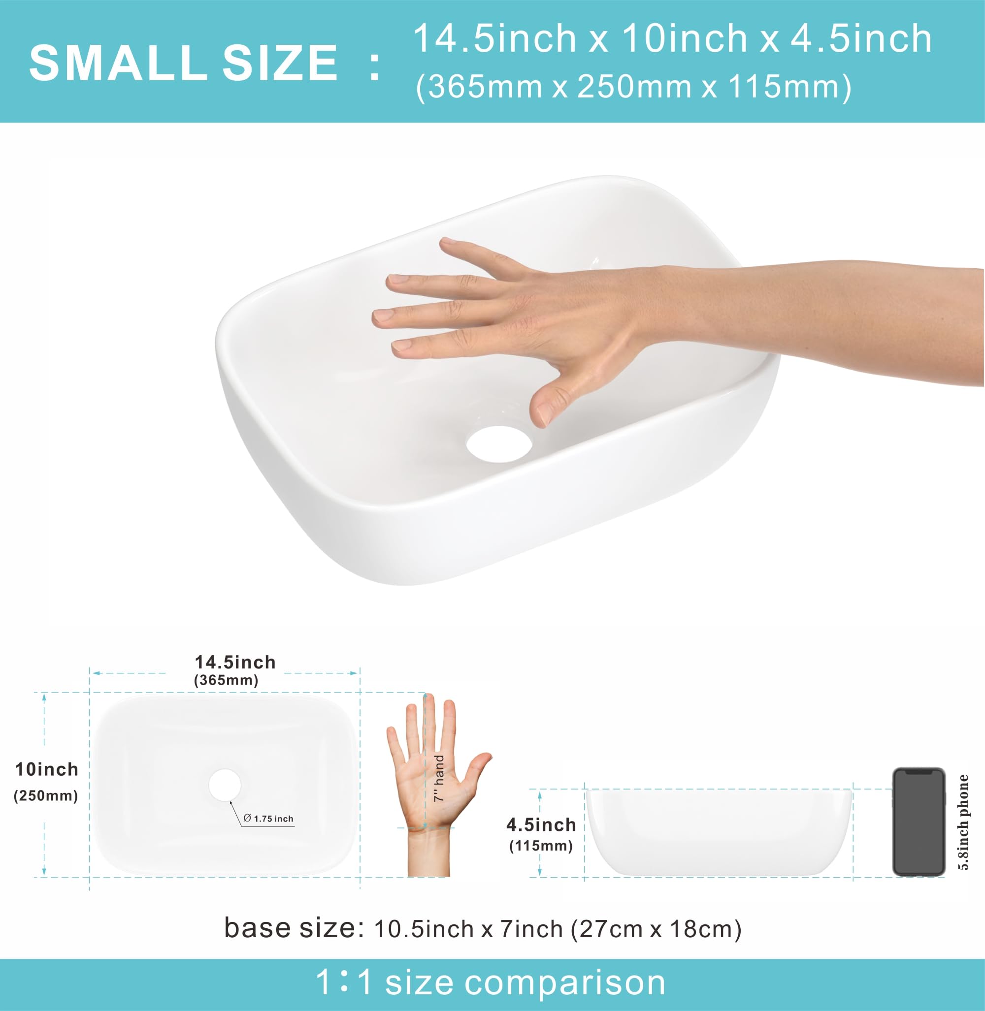J-FAMILY Lavabo de baño moderno pequeño sobre mostrador, compacto de porcelana y cerámica, lavabo pequeño, 365 x 250 x 115 mm