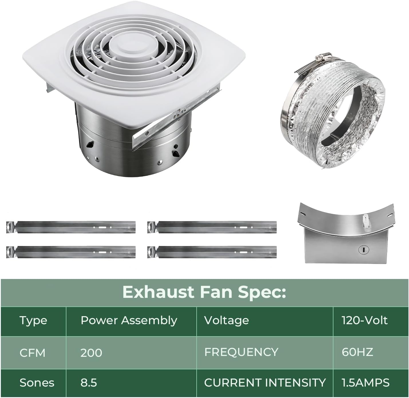 Quini 505 Exhaust Fan, 8 Inch Bathroom Exhaust Fan, White Vertical Discharge Ceiling Ventilation Fan, 200 CFM, Household Ventilation Fans, Kitchen Exhausts Fans, 1-Year Warranty
