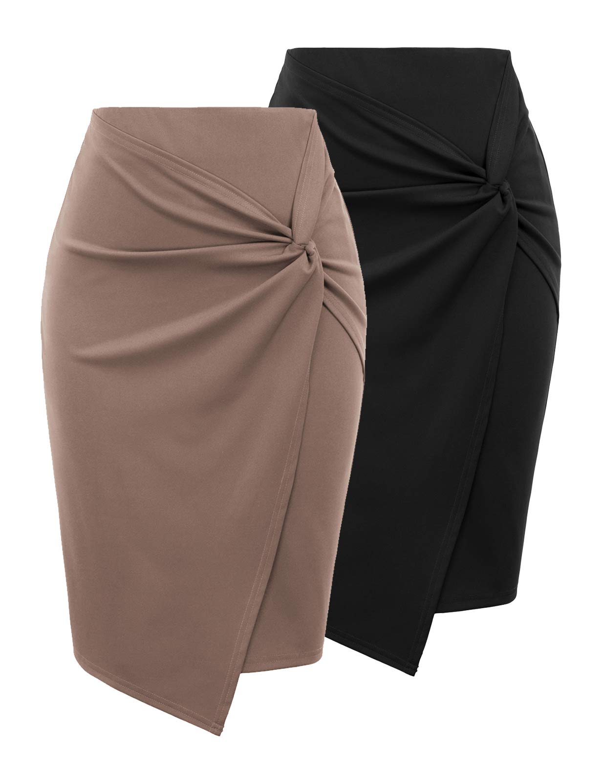 Kate Kasin 2 Pack Wear to Work Pencil Skirts for Women Elastic High Waist Wrap Front Bodycon Midi Skirt