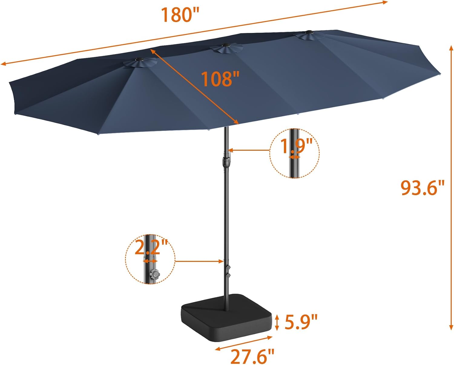 ECACAD 15 ft Extra Large Outdoor Patio Umbrella with Crank & 36 Solar Lights, Base Included, Rectangular Double-sided Umbrella for Pool Market Garden Backyard