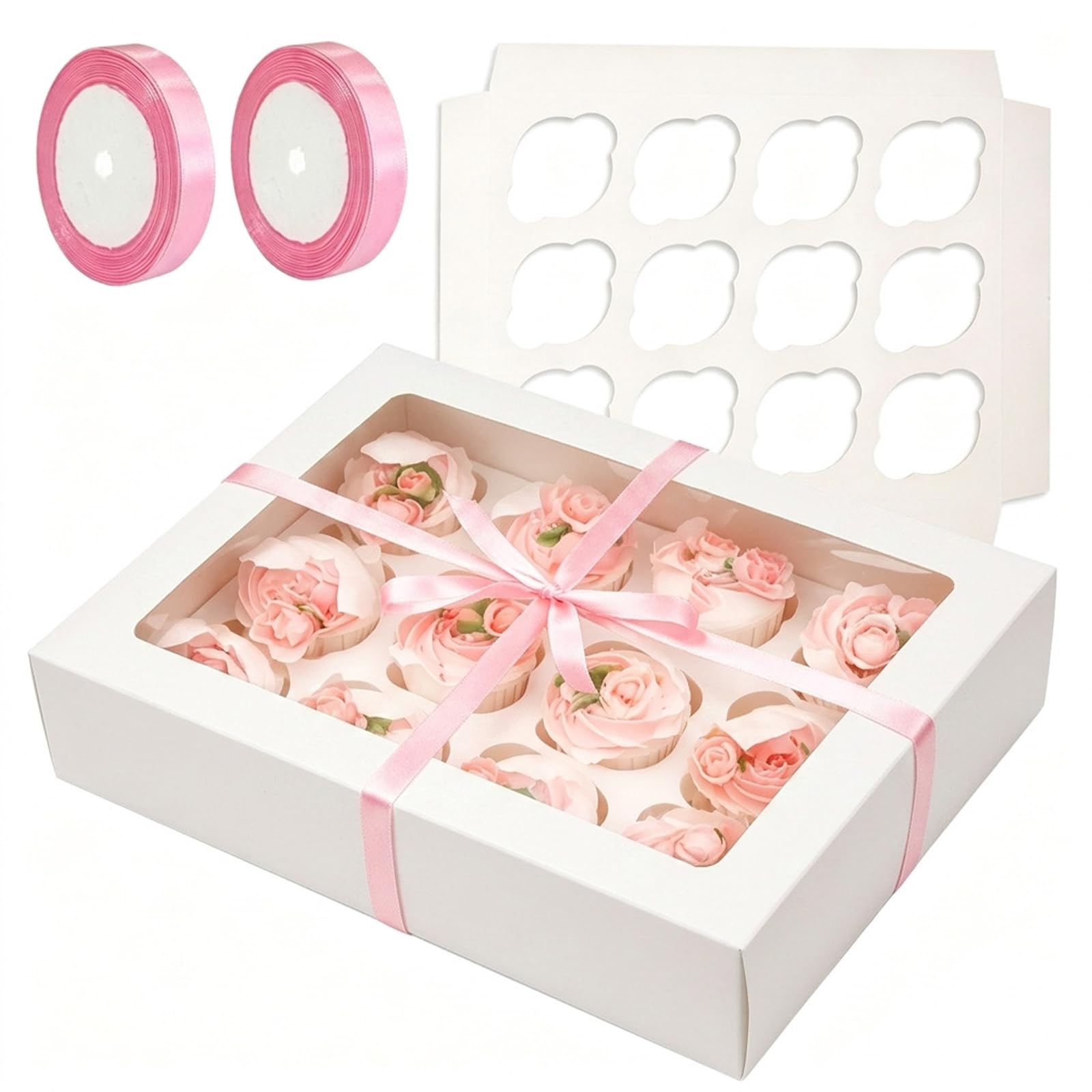 Bakepacker Auto-pop Up Cupcake Boxes with Window White 40PCS 12 Count
