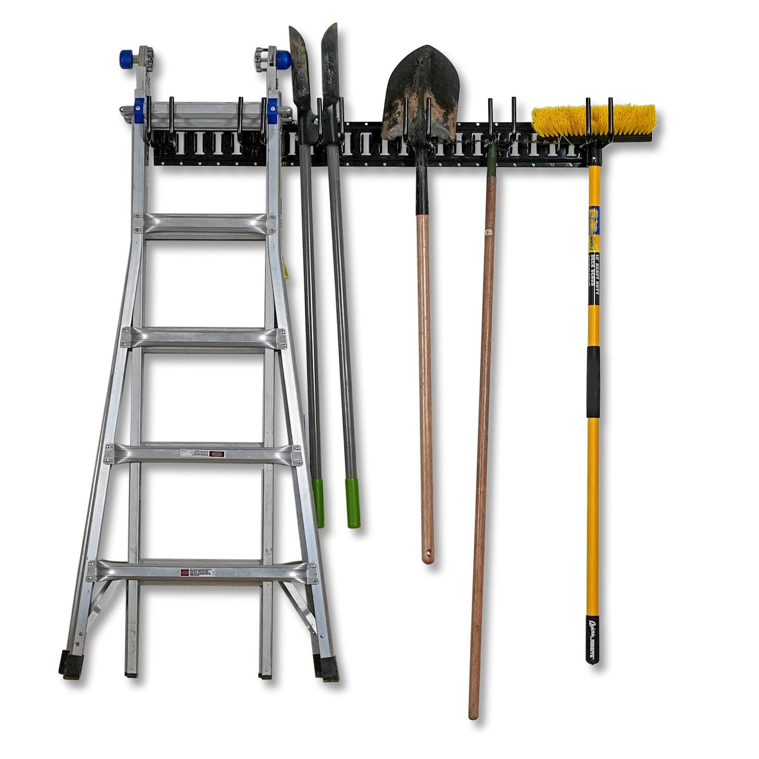 DC Cargo Mall Garage Kit - 7-Piece Tool Storage Rack Set Includes 4' Rail 6 Tool Hangers &amp; 8 Hex Head Screws Versatile Heavy Duty Steel Rail for Organizing Home Garage and Garden Tools