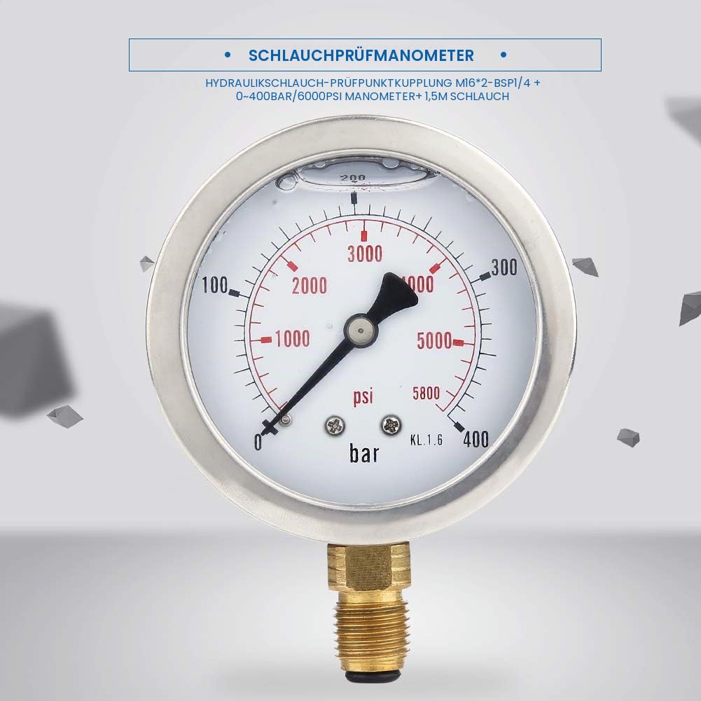 Hydraulisches Manometer Set, Hydraulischer Druckprüfer M16 x 2-BSP1/4 + 0~400 Bar/6000 PSI Hydraulikschlauch Testpunkt Kupplung, 1, 5 m Schlauchdruckprüfanzeige