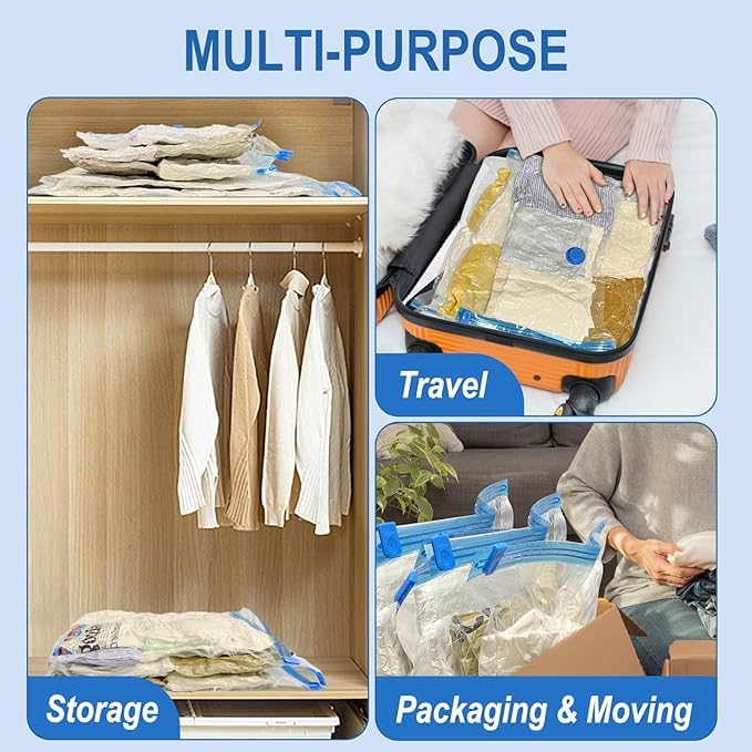 Image of Leafly Vacuum Storage Bags with Hand Pump, Plastic Packaging Bags, 80% Space Saver Vacuum Seal Bags for Clothing, Travel Lugggage, Blankets, Comforters (20 Combo)