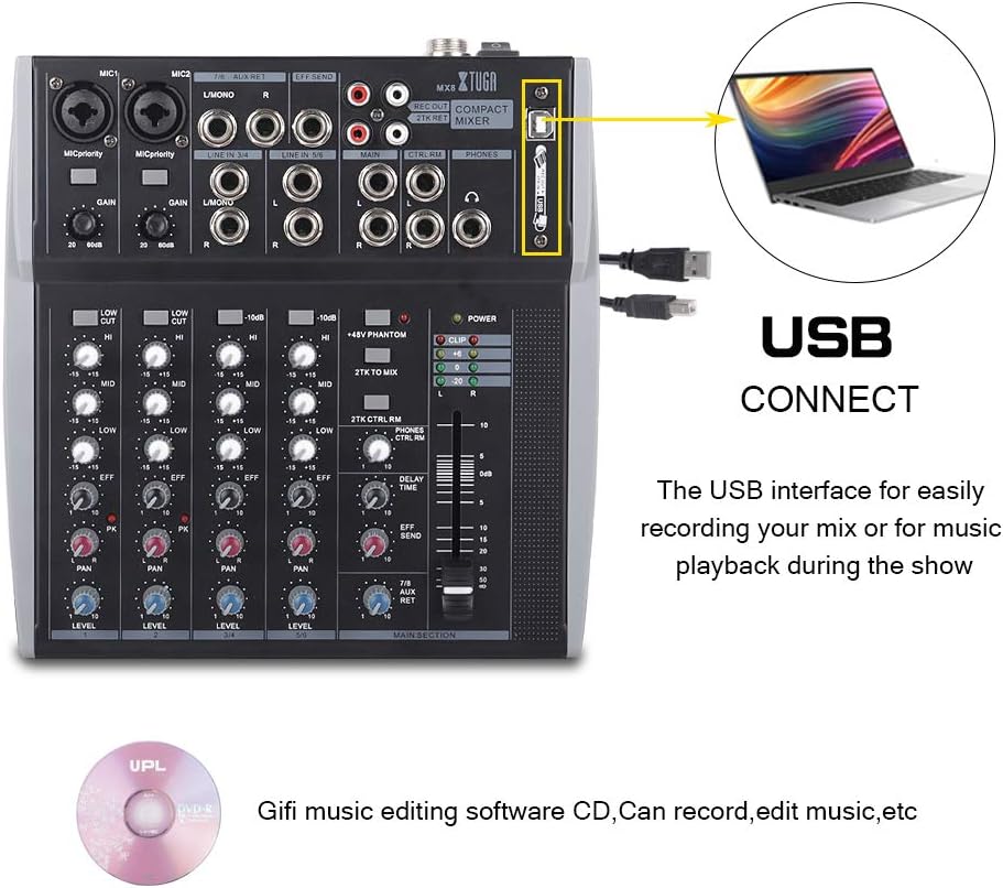 XTUGA MX8 mixer connected to a laptop via USB cable