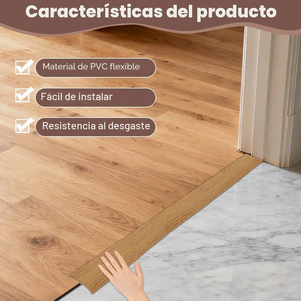 Perfil de transición en T, umbrales de puerta de PVC, molduras, perfil de transición de 3 m x 5 cm, autoadhesivo, tira de cobertura para nivelar suelos para suelos de parqué, umbrales de laminado