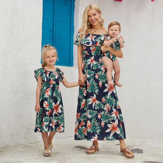 Image of PopReal Mommy and Me Dresses Floral Printed Chiffon Bowknot Ruffles Short Sleeve Beach Mom Daughter Matching Outfits