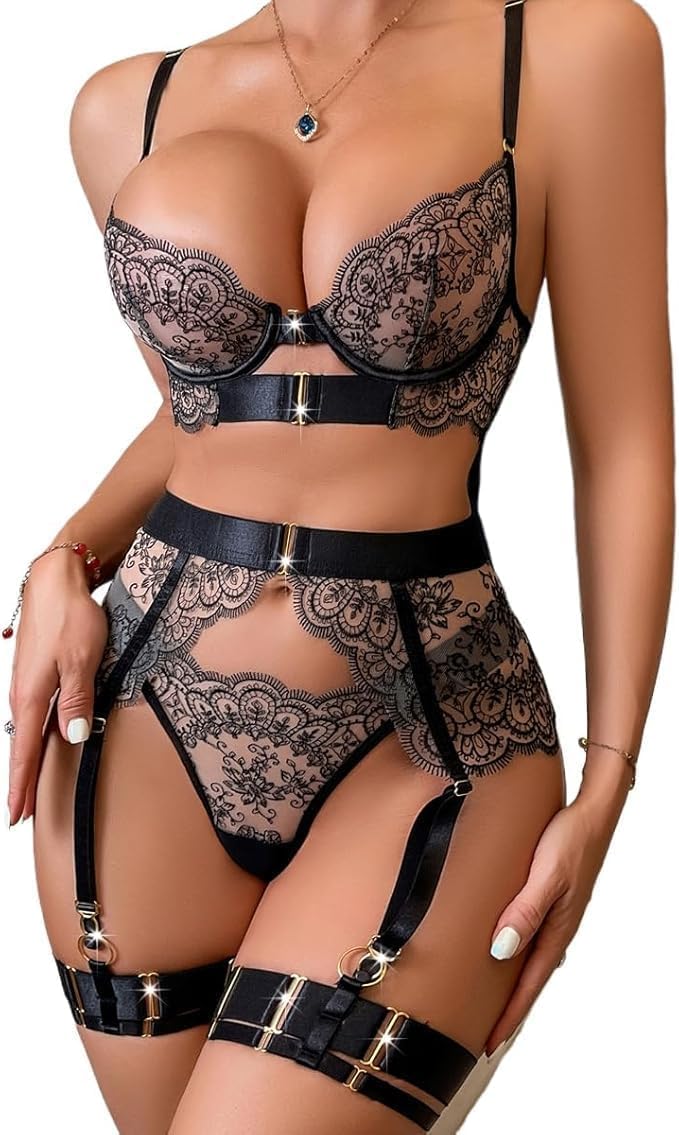 Floral Embroidery Mesh Sheer Underwire Push Up Garter Belt Lingerie Set 3 Piece