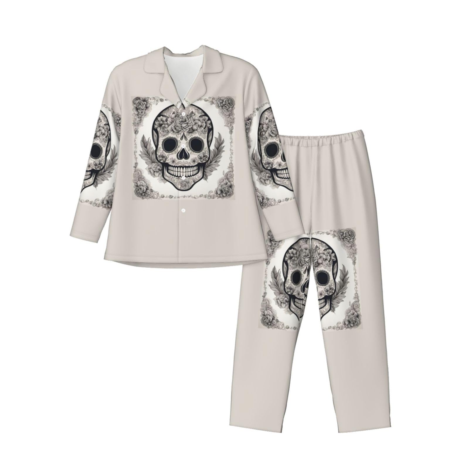Herren-Pyjama-Set, mexikanischer Totenkopf-Druck, langärmelig, zweiteilig, Hauskleidung, bequeme Nachtwäsche