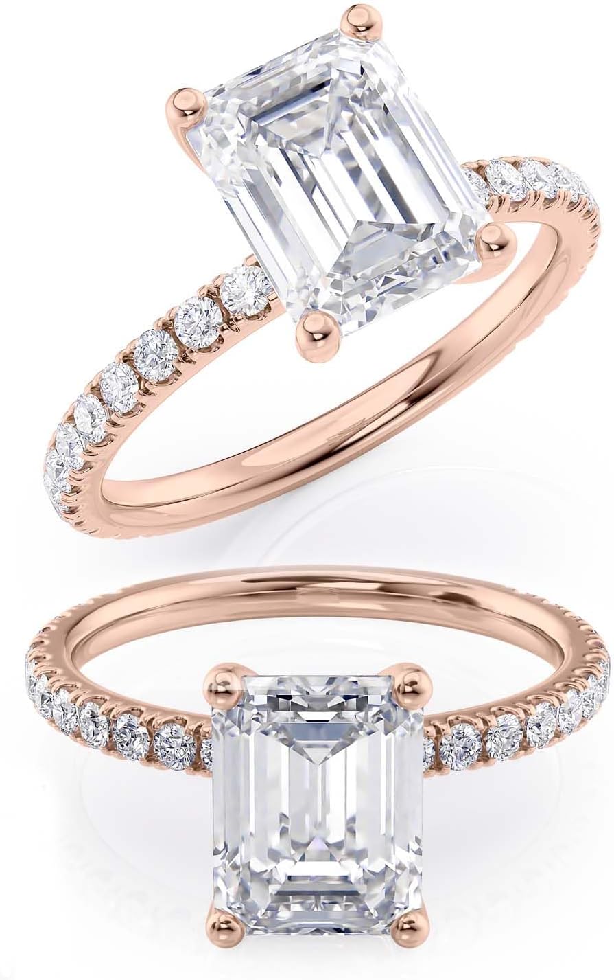 2 to 6 Carat Emerald Cut Moissanite Engagement Ring for Women - 1/4 Carat Natural Diamond - 14k Gold (G-H/VS, SI, cttw, DEW) Anniversary Promise Ring Size 4 to 11 Made in USA