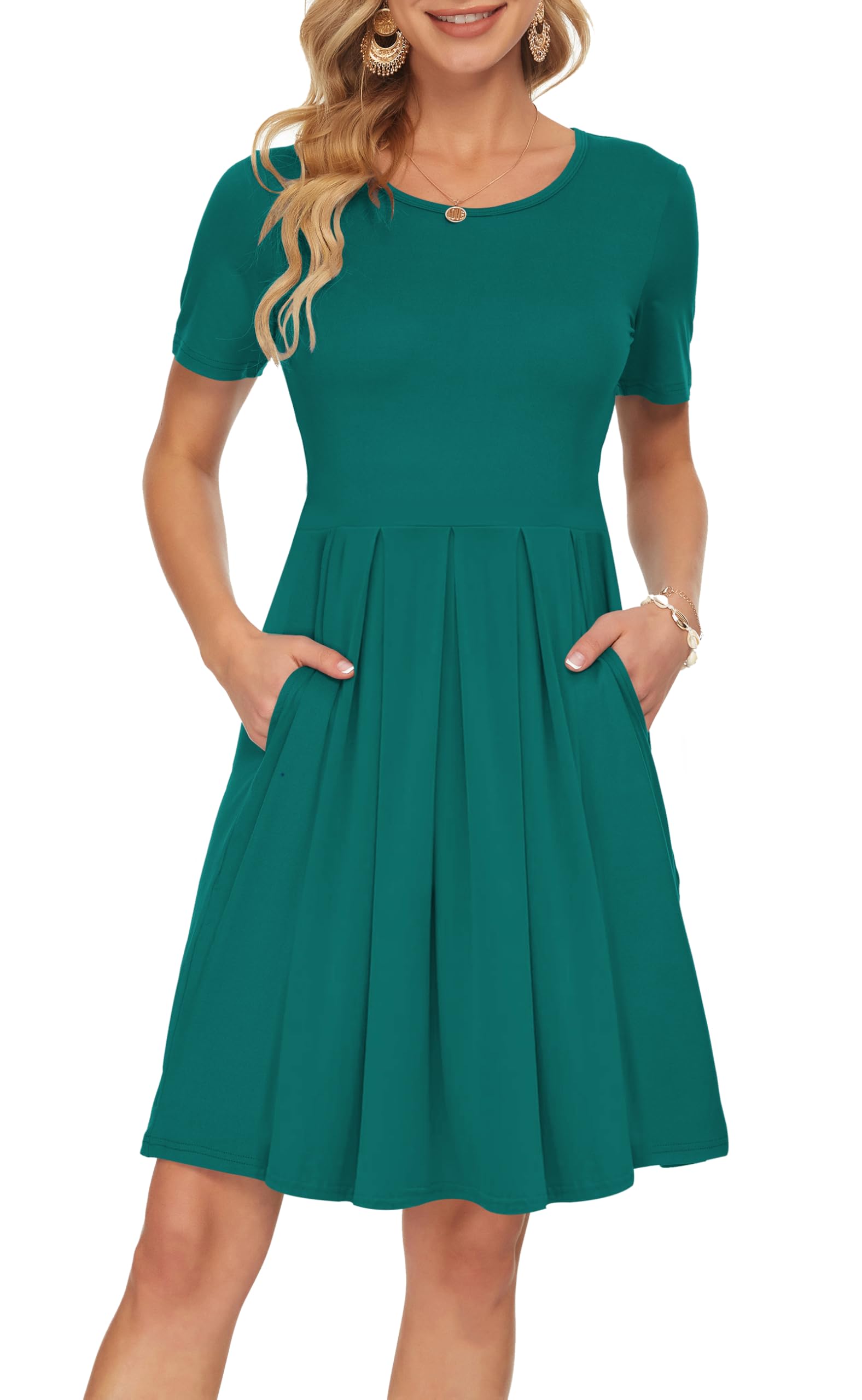 AUSELILY Women's Short Sleeve Pleated Swing Summer Dress with Pockets