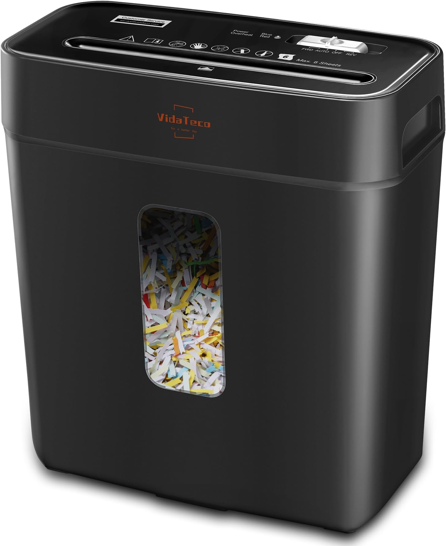VidaTeco Cross-Cut Shredder, Heavy Duty 6 Sheet Shreds Paper/Card/Staple/Clip Paper Shredder for Home Office, High-Security Level P-4 5-Minute Continuous Shredding 11.5L Liftout Basket Black