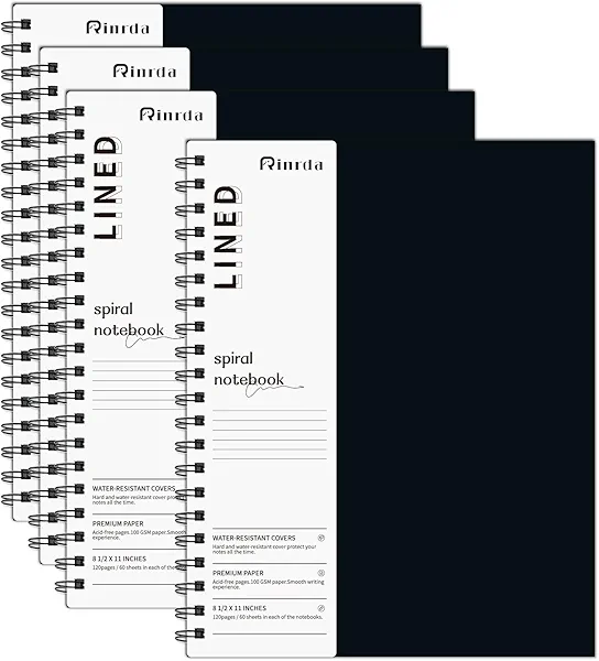 Rinrda Large Lined Notebook Spiral Notebook 8.5" x 11"-4 Pack LINED Notebook 7mm Ruled Hardcover Notebook 120 Pages 100 GSM Thick Paper Notebook Hardcover Journal for School, Office,Study and Notes