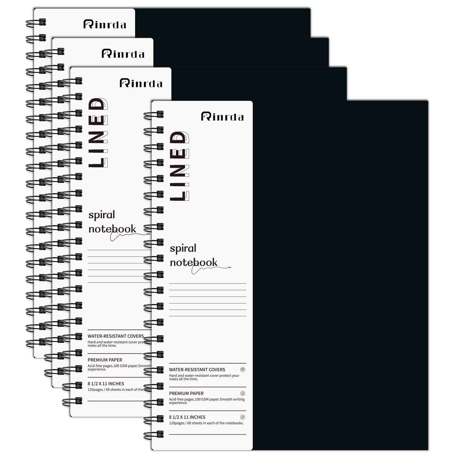 Rinrda Taccuino a spirale, a righe, 21,6 x 28 cm, confezione da 4 quaderni a righe da 7 mm, copertina rigida, 120 pagine, 100 g/m², copertina rigida, per scuola, ufficio, studio e appunti (quaderno