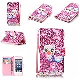 iPod Touch 5 Case , iPod Touch 6 Case, Alkax Premium PU Leather Wallet Kickstand Magnet Flip Folio STAND Protective Cover with Card ID Card Slots for Apple iPod Touch 5 6th Generation (2 Hot Pink Owl)