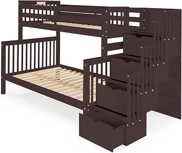 Bedz King Stairway Bunk Beds Twin Over Full with 4 Drawers in the Steps, Dark Cherry