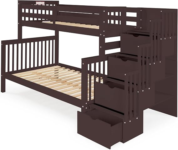 Bedz King Stairway Bunk Beds Twin Over Full with 4 Drawers in the Steps, Dark Cherry