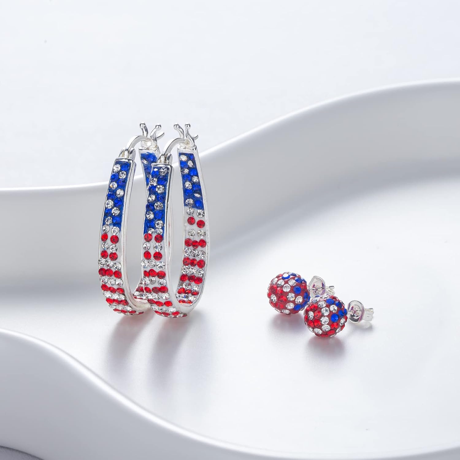 Crystal Hoop Earrings for Women Sparkly American Flag Earrings Silver Plated Red White and Blue Earrings Patriotic Jewelry Gift
