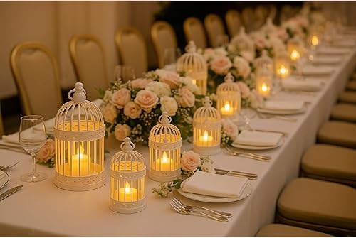 Vista 25 de Birdcage - Portavelas decorativo, farol, centros de mesa decorativos, blanco, grande, juego de 12 Negro,Dorado,Blanco