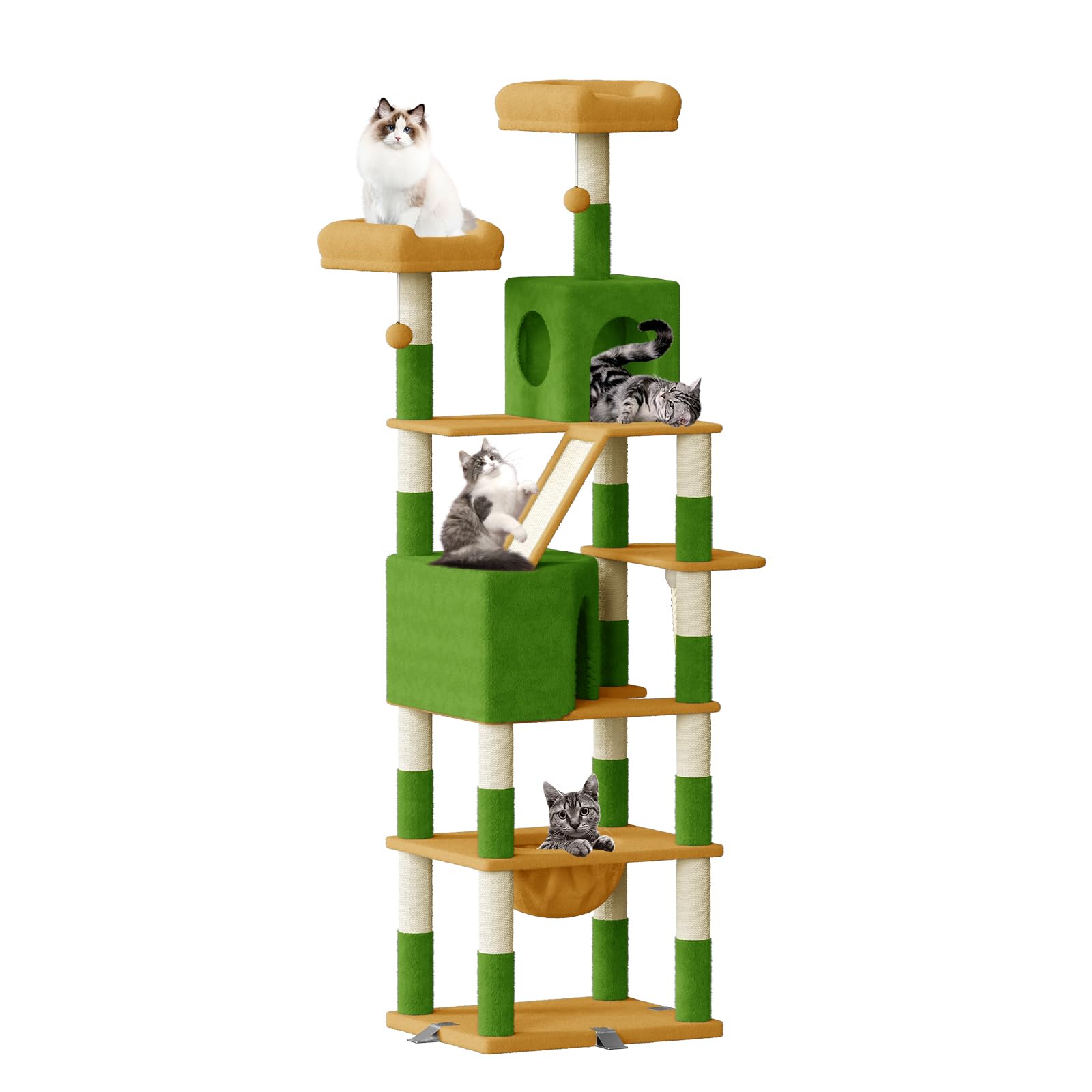 Dogat 208cm Tall Cat Tree, Anti-Tip Design Cat Tree for Indoor Large Cats, Multi-Level Cat Tower with 15 Scratching Posts, 2 Perches, 2 Caves, 1 Scratching Ramp and Hammock (Green+Yellow)