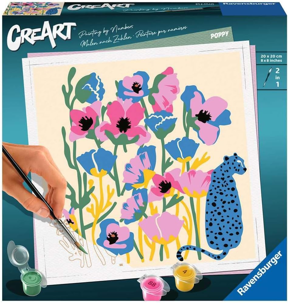 Ravensburger - CreArt Poppies, Paint by Number Kit, Contains a Pre-Printed Board 20x20cm, Brush, Colors and Accessories, Relaxing Creative Game for Adults 14+ Years