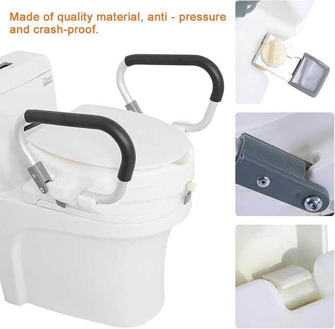 Asiento elevador para inodoro con agarraderas, asiento elevado con tapa, anillo interior amplio, para personas con discapacidad y movilidad reducida miniatura 4