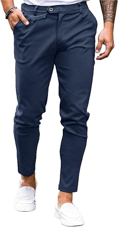 Mens Chinos Slim Fit Pants Stretch Tapered Dress Pant Casual Trousers | Skinny Slacks, Flat Front Design, Stretch Cotton Fabric, Solid or Plaid, Work Dress Pants, Business Casual Wear