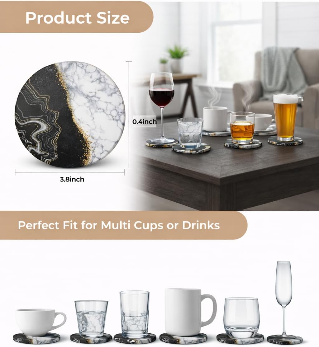 Exotic Stone Coasters Set of 4 (Midnight Marble), Absorbent Ceramic Drink Coasters with Holder, for Home, Coffee Table, Bar, Kitchen, Protects Countertops - Image 3
