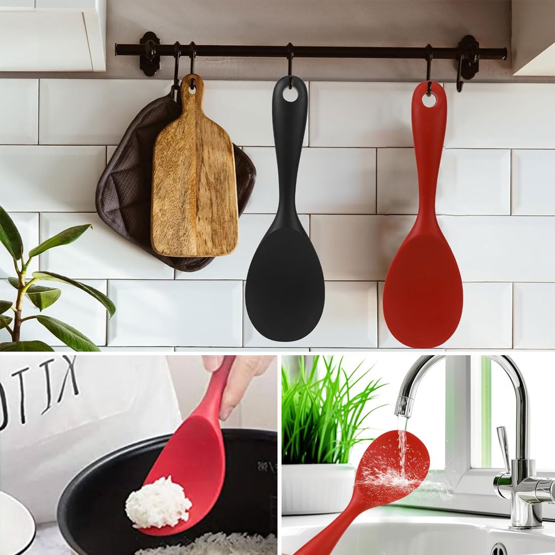 Cucchiai Antiaderenti 2 Cucchiai Di Riso In Silicone Antiaderente - Utensili Da Cucina Per Purè Di Patate E Cibi Appiccicosi Cucchiai Silicone Neri