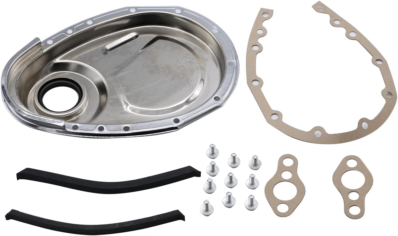 1 Set SHLPDFM Timing Chain Cover Kit CNC Aluminum Alloy Chrome SBC Gasket Seal Bolts Set Fits for Small Block Chevy 265,283,327,350,383,& 400