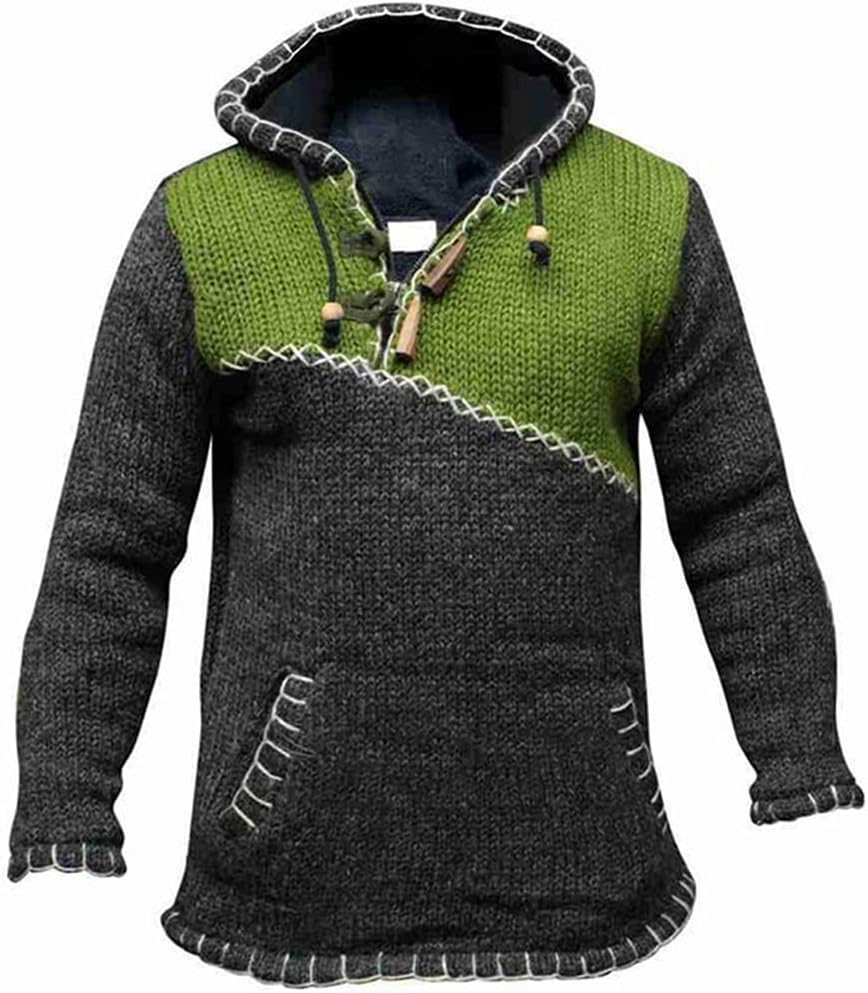 USDBE Autumn Winter Oversized Sweater Men Hooded Sweaters Patchwork Knitted Pullover