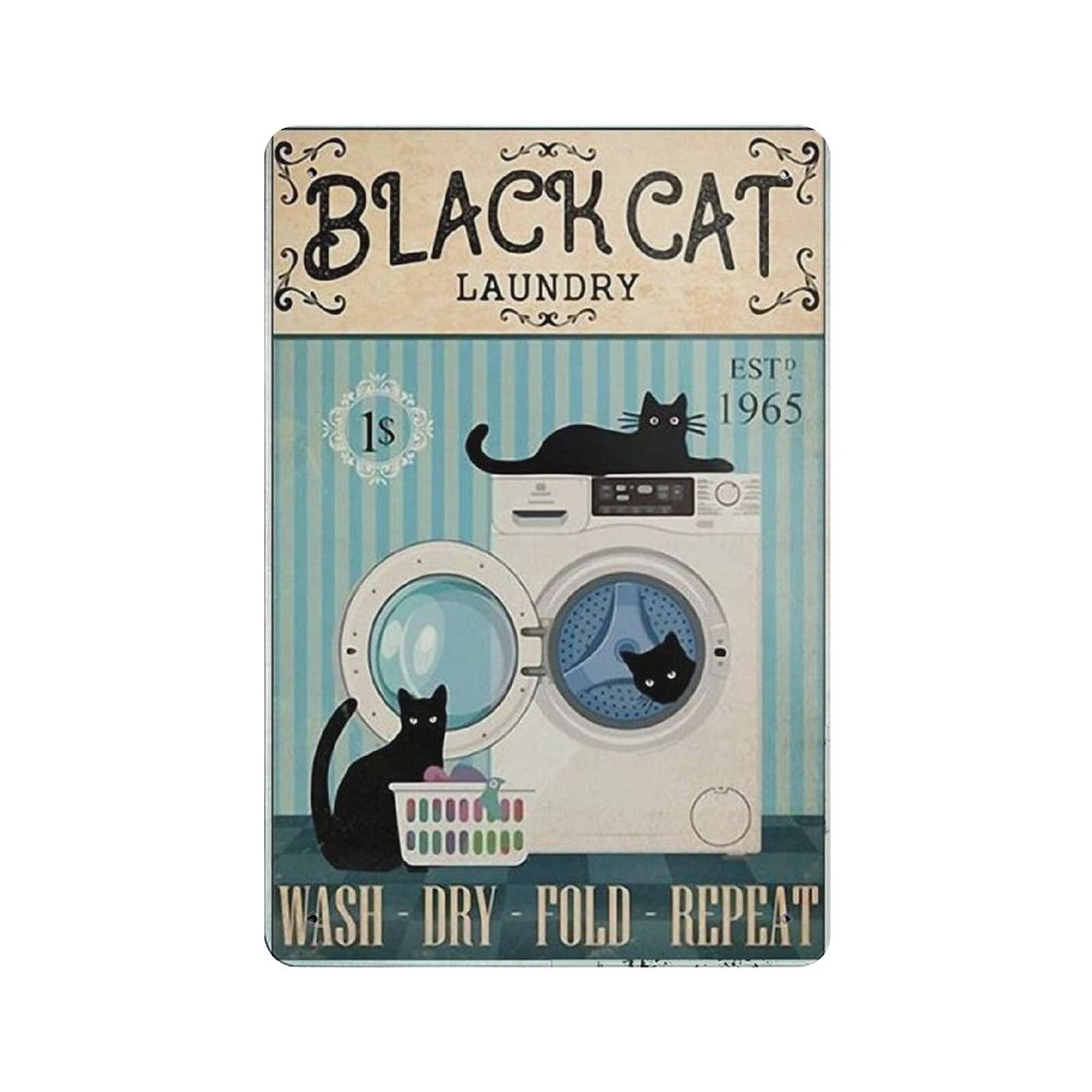 Targa In Metallo Vintage Con Gatto Nero E Scritta Wash And Dry, 20,3x30,5 Cm, Per Interni/esterni