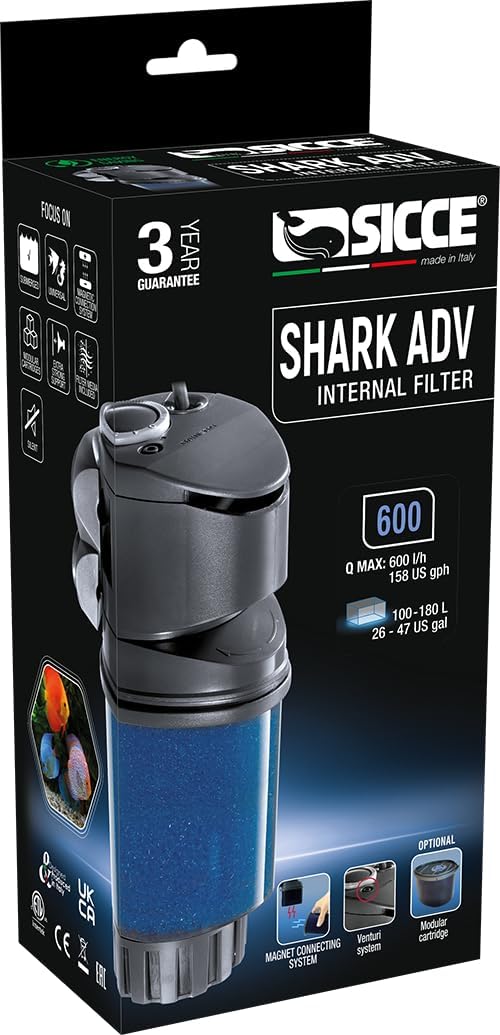 SICCE Shark ADV 600 Internal Aquarium Filter 158 GPH Submersible | In-Tank Freshwater Saltwater Marine Turtle Aquariums Filter Media Cartridge