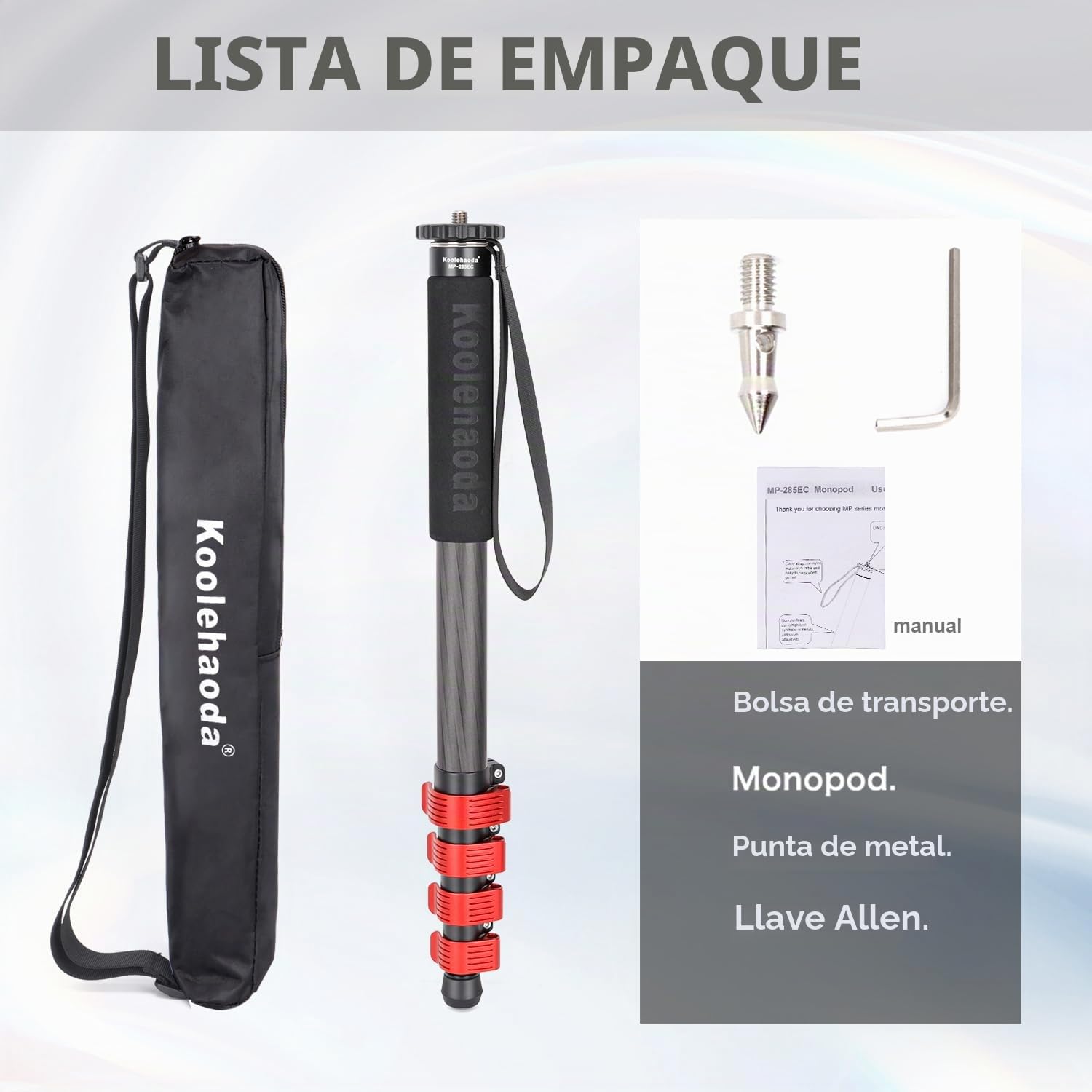 Koolehaoda Monopie de Fibra de Carbono para Cámaras, 44-166cm Monopie Extensible, Tubo de 28mm, Compacto Portátil Monopie para Cámara Canon Nikon Sony DSLR. Carga máxima 10kg - MP285EC