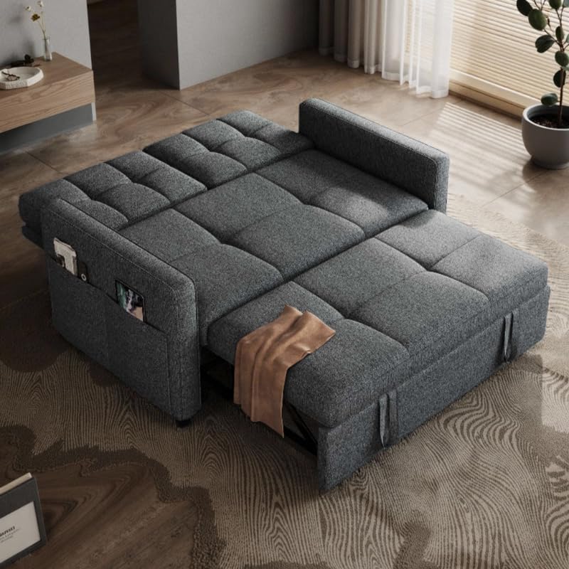 dwvo 55" convertible sofa bed, 3-in-1 sleeper sofa with pull-out bed, linen futon couch with adjustable backrest and side pocket, modern loveseat for living room apartment, grey