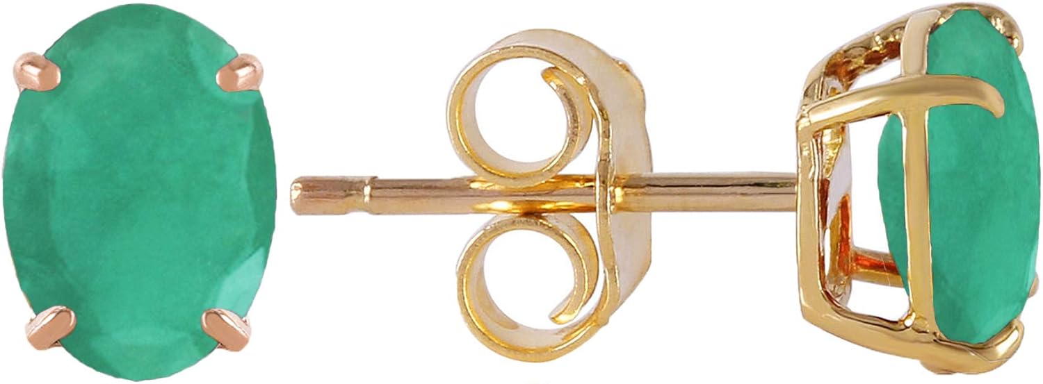 14K Solid Gold Natural Emerald Oval Stud Earrings for Women, Fine Jewelry, Galaxy Gold GG