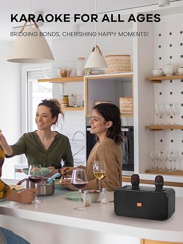 Miniatura 7 de BONAOK Máquina de karaoke para niños y adultos, altavoz Bluetooth portátil con dos micrófonos inalámbricos, luz LED para fiestas interiores y