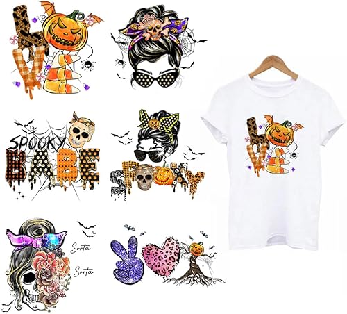 6 hojas de parches termoadhesivos de Halloween para ropa, calcomanías de terror, calaveras, calabaza, murciélagos, telarañas, huesos, corazón,