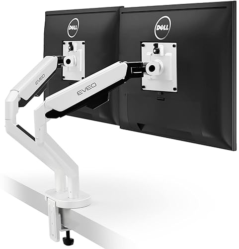 EVEO Premium Dual Monitor Mount 14"-35” Dual Monitor Arm VESA Bracket Adjustable Height Gas Spring Dual Monitor Stand, Screen Full Motion Dual Monitor Arm-Computer Monitor Stand for 2 Screens - White - Dual Monitor Mount - White