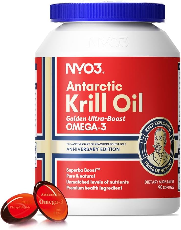 NYO3 Krill Oil 1500mg Omega 3 with EPA & DHA, Senior's Top Choice, High Content & High Absorption Pure Antarctic Krill Oil with Astaxanthin and 56% Phospholipids, Laboratory Tested,90 Softgels