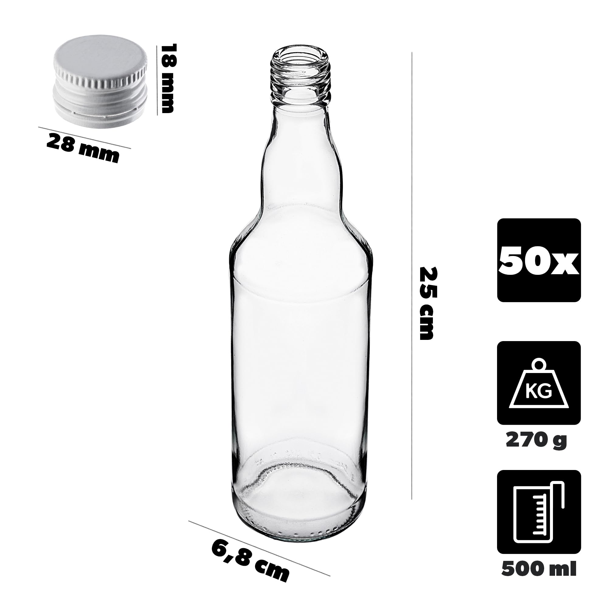 KADAX 50er Set Glasflaschen 500ml mit Schraubverschluss Weiß – Leere Flaschen zum Befüllen für Saft, Likör, Öl, Essig & Sirup, Refillable Glass Bottles