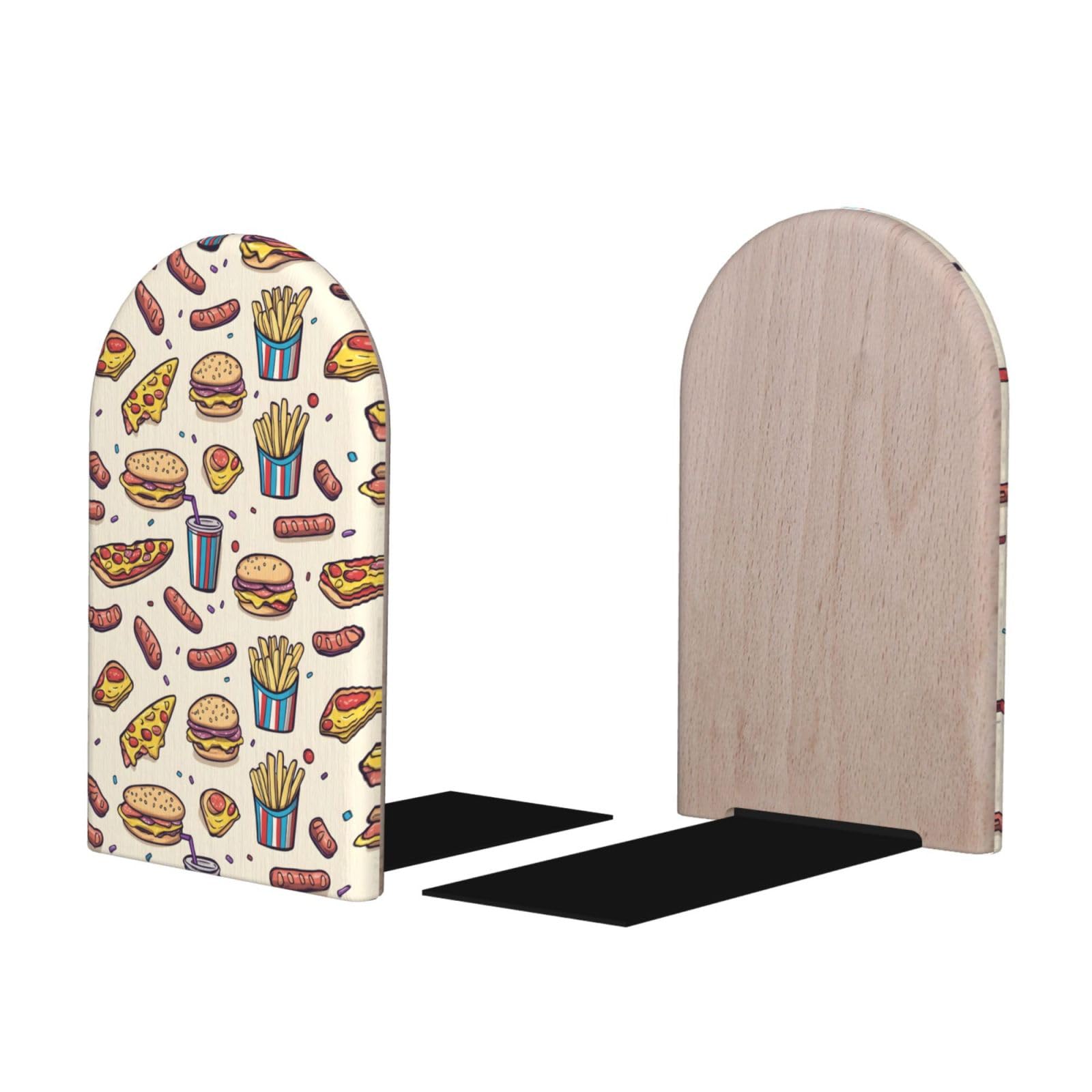 Burger Pizza Fries Print BookEnds 1 Pair, Decorative Bookends for Heavy Books, Wood Book Ends for Shelves, Book Organizer for Home Desk Office Supplies