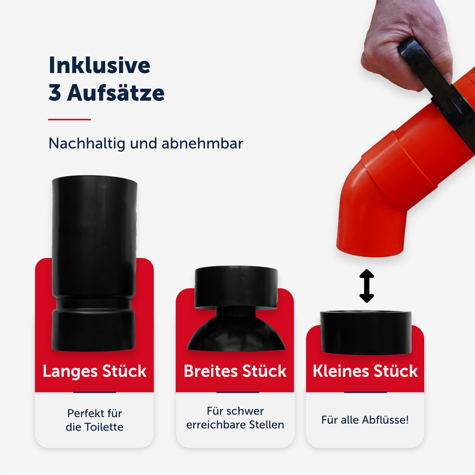 Rohrreinigungspumpe mit 3 Aufsätzen - für Küche, Bad & Toilette - rohrreiniger - abfluss pumpe - pömpel abfluss pümpel - abflusspumpe - abflussfrei pumpe rohrreiniger - rohrreinigungsspirale