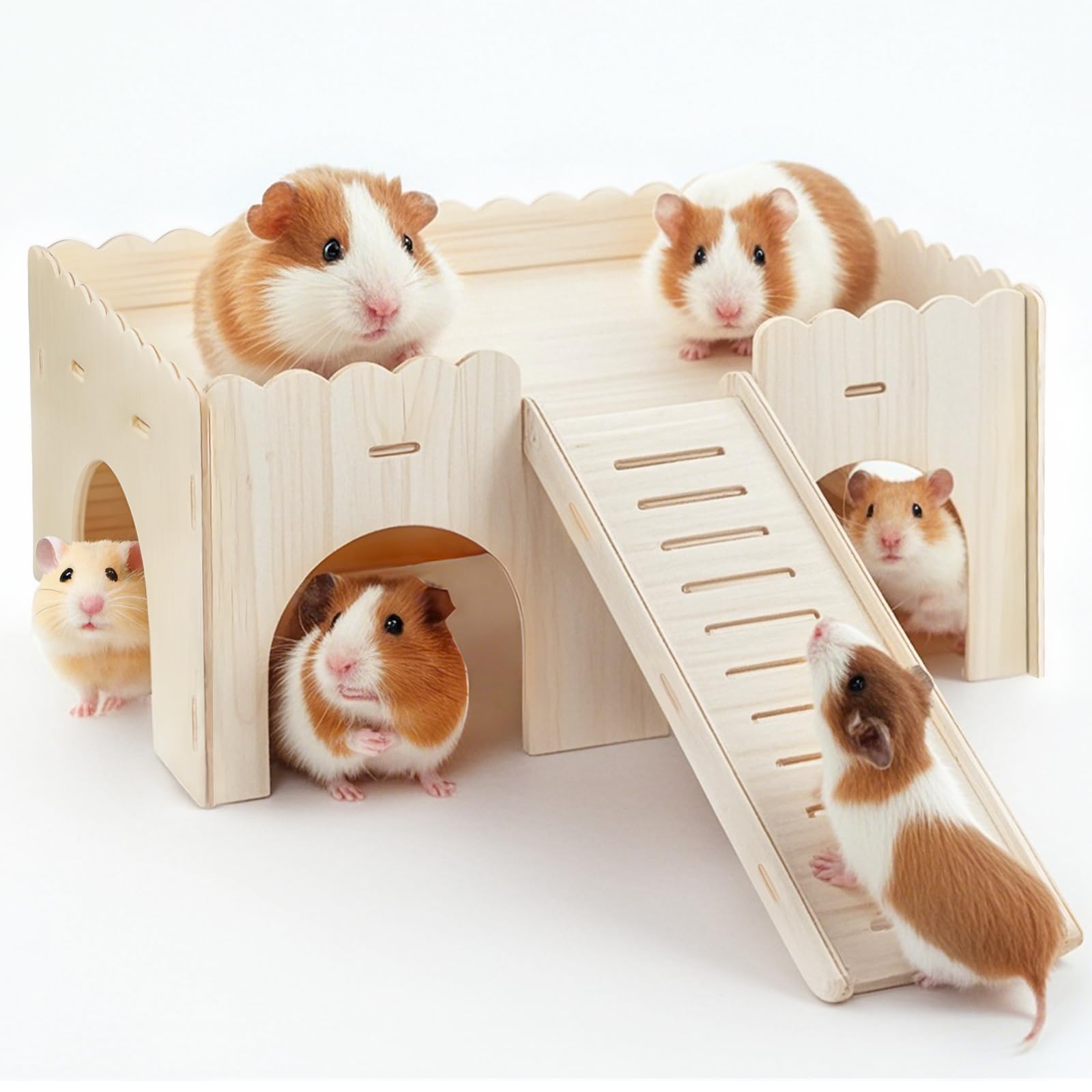 Grande Cabane Cochon d'Inde avec Rampe: Maison Cochon d'Inde avec Rampe 4 Entrées - Accessoires de Jouets pour Cochons d'Inde - Cachette en Bois Petits Animaux de Compagnie, Hamsters Nains (Wood)