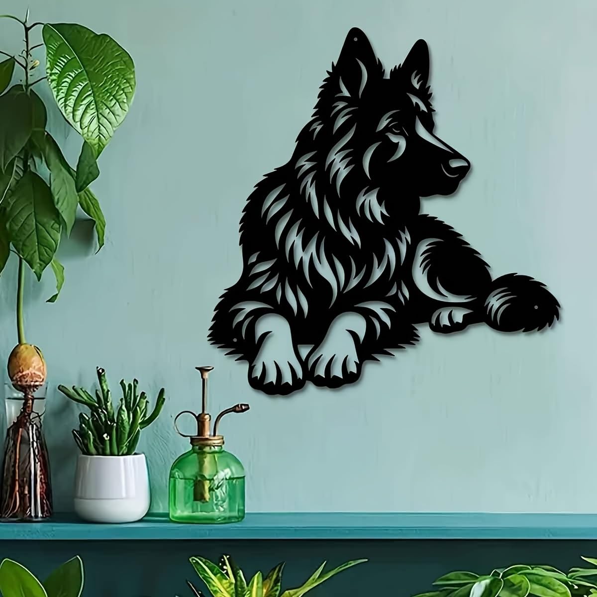 Decoración de pared abstracta contemporánea de metal con arte de pastor alemán, escultura de silueta de hierro de 40 cm, para jardín exterior y sala de estar interior, mural resistente para balcó